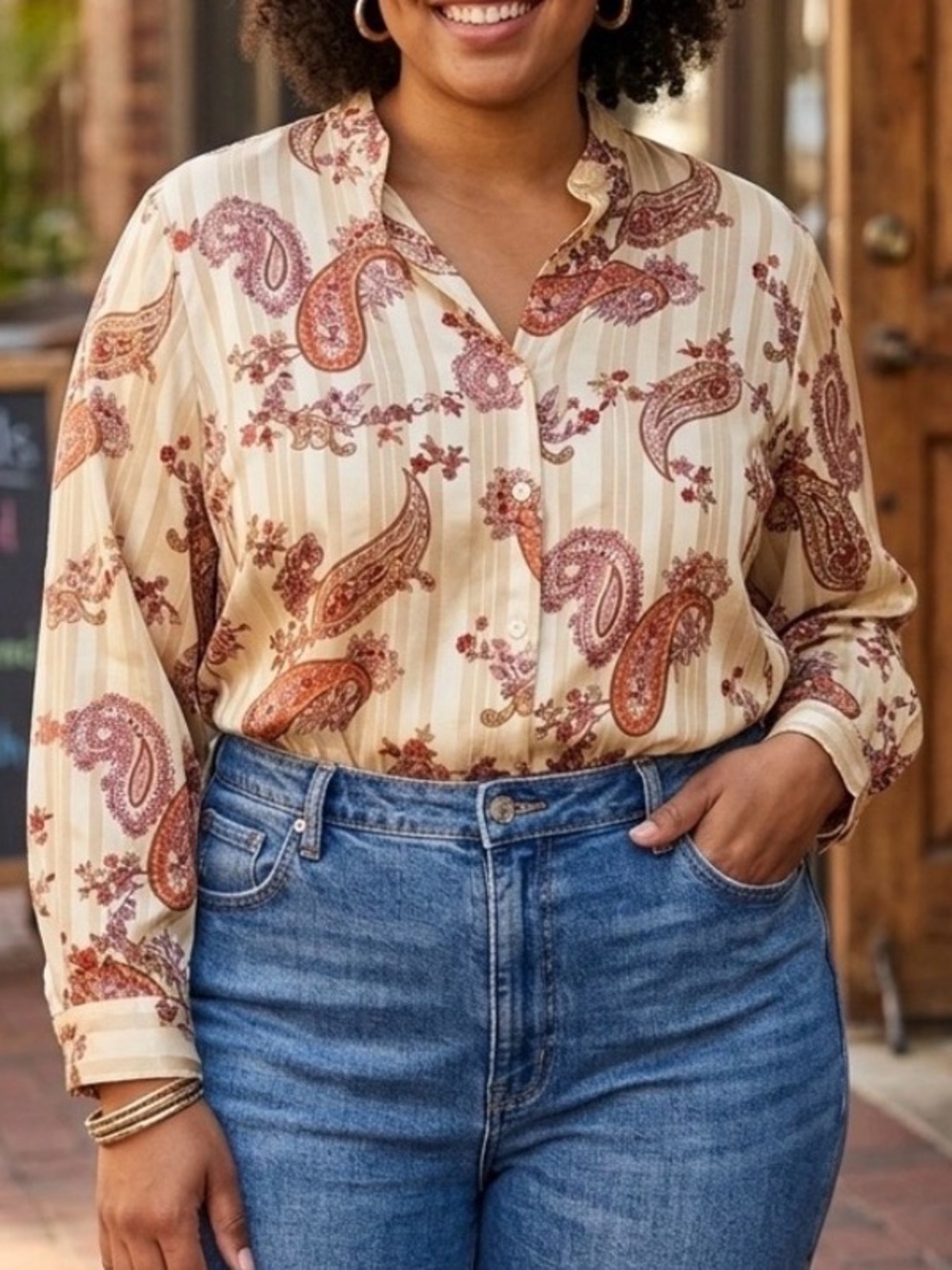 Y2K 90s Vintage Paisley Blouse XL Cream Gold Lurex Striped Boho Shirt Corpcore